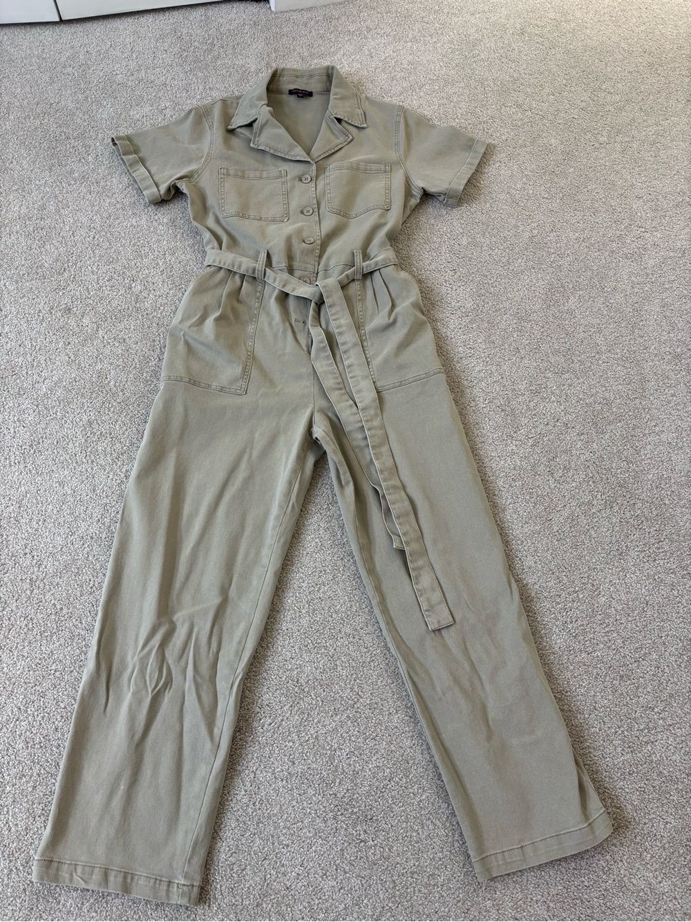 Skies Are Blue Olive Utility Short-Sleeve Jumpsuit with Self-Tie Waist